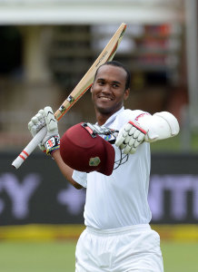 Kraigg Brathwaite is delighted after completing his third Test century © AFP